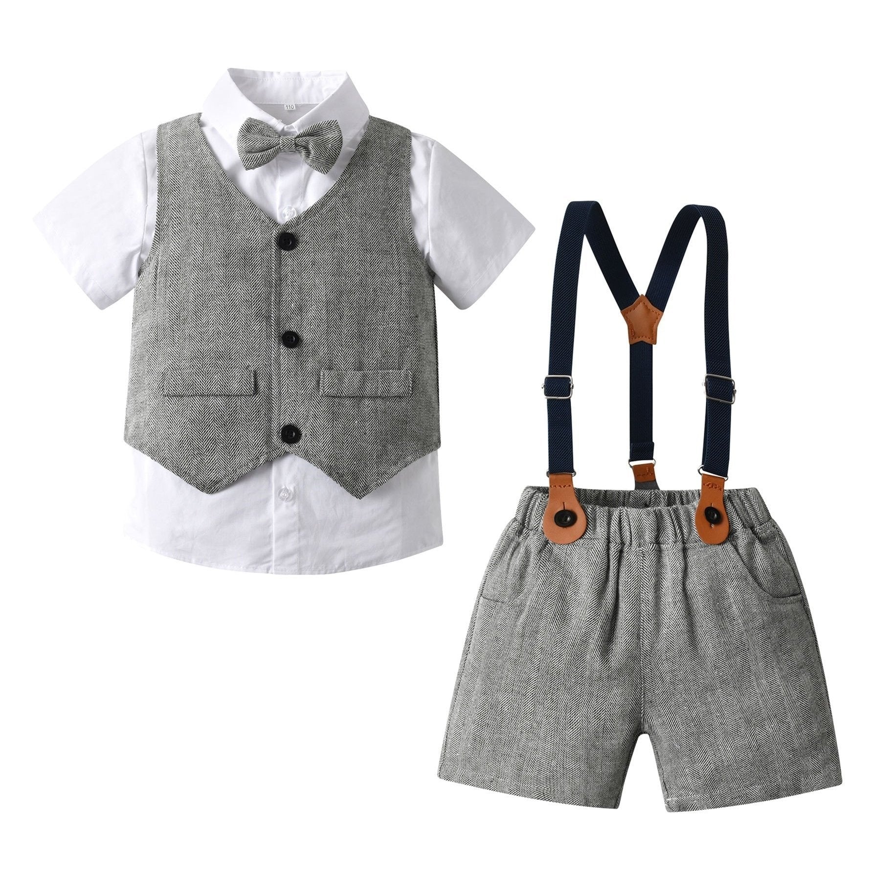 4pc Boys Formal Suits Short Sleeve Shirt Bowtie Shorts Suit Vest