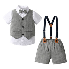 4pc Boys Formal Suits Short Sleeve Shirt Bowtie Shorts Suit Vest