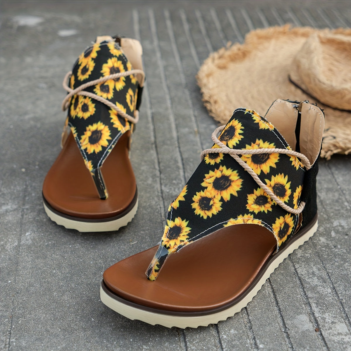 Sunflower Print Platform Thong Sandals for Women
