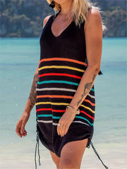 Striped Knitted Mini Dress V Neck Drawstring Dress Women's Clothing