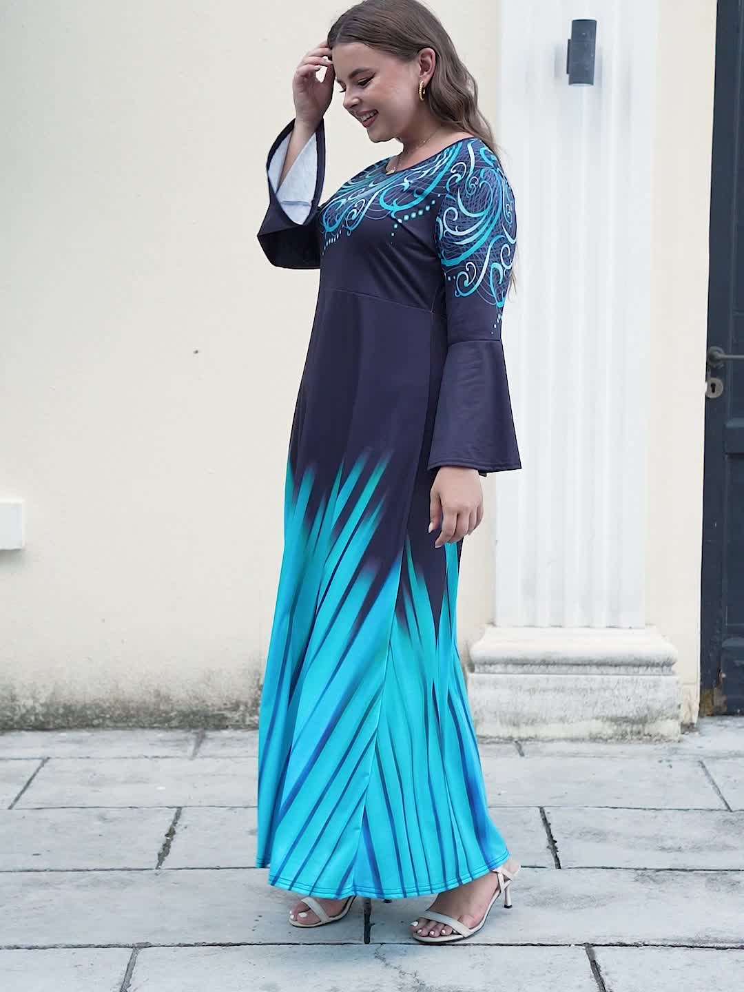 Baroque & Ombre Print Bell Sleeve Maxi Dress