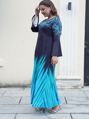 Baroque & Ombre Print Bell Sleeve Maxi Dress