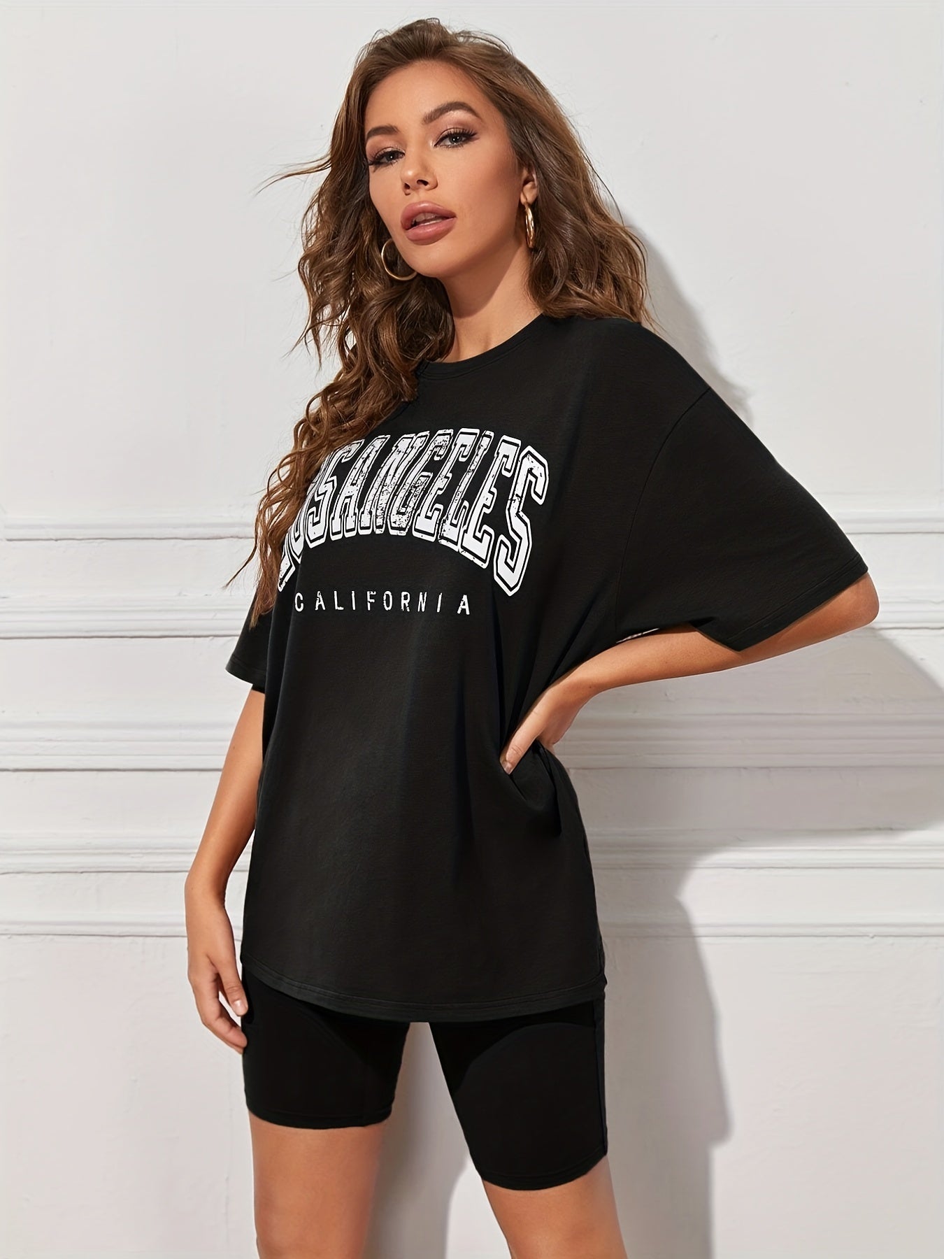 Letter Print Loose Top & Solid Leggings Set