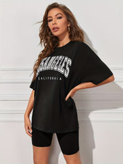 Letter Print Loose Top & Solid Leggings Set