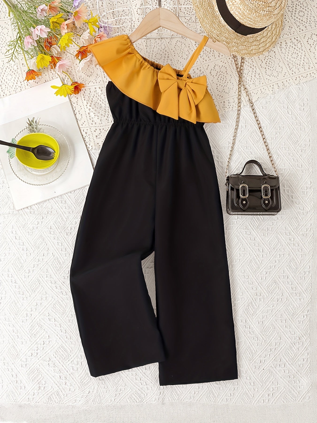 Girls Colorblock Bow Front Ruffle Trim Jumpsuit Romper