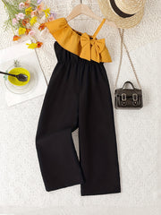 Girls Colorblock Bow Front Ruffle Trim Jumpsuit Romper