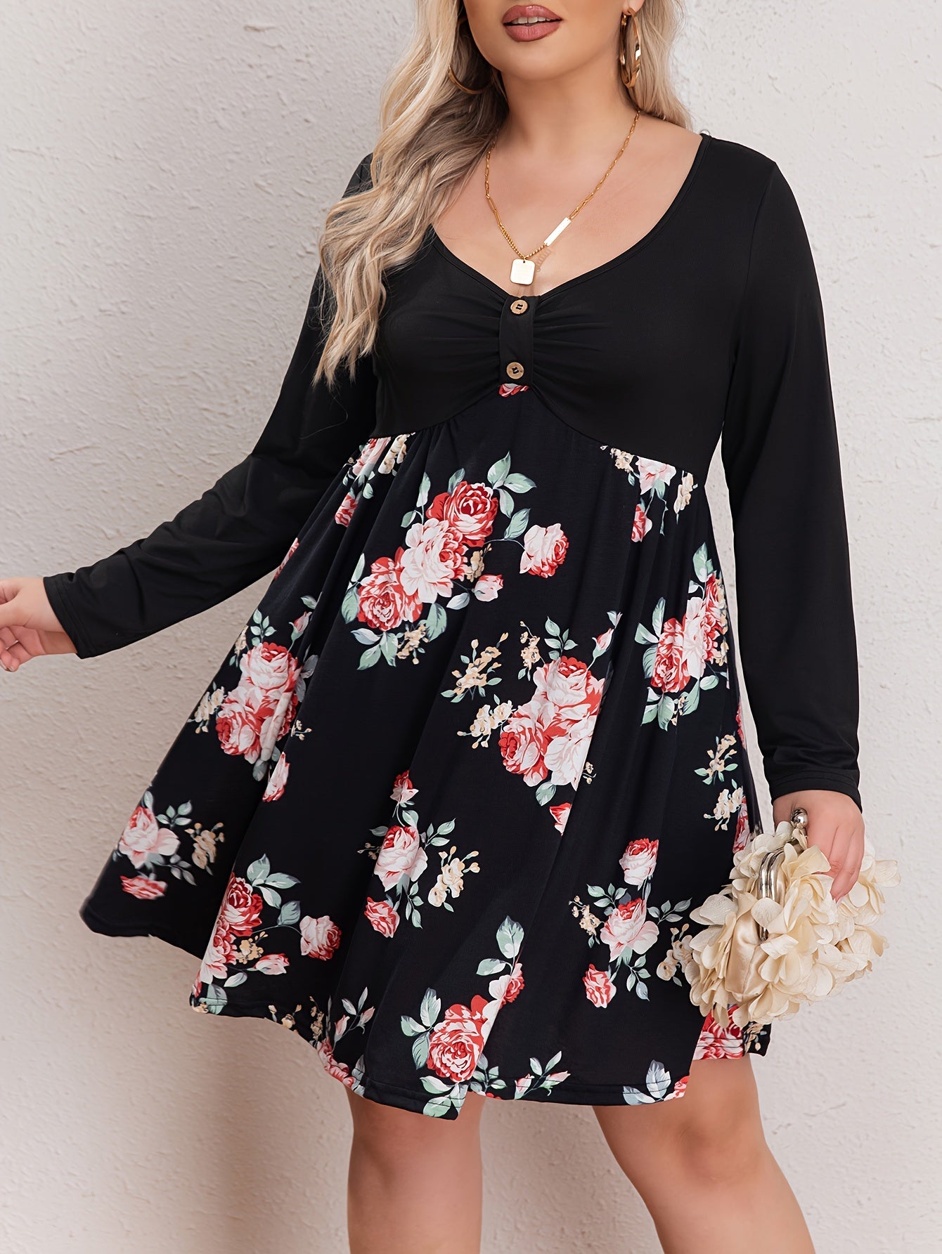 Colorblock Floral Print V Neck Dress