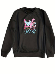 LOVE Letter Graphic Fleece Sweatshirt Round Neck Pullover Tops