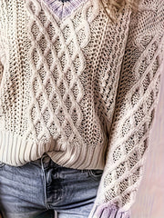 Colorblock Jacquard Long Sleeve V Neck Sweater