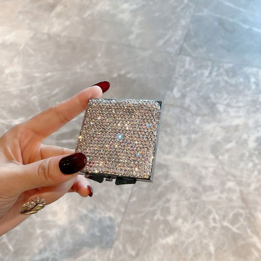 Rhinestone Decor Makeup Mirror Double Side Folding Square Mini Vanity Mirror