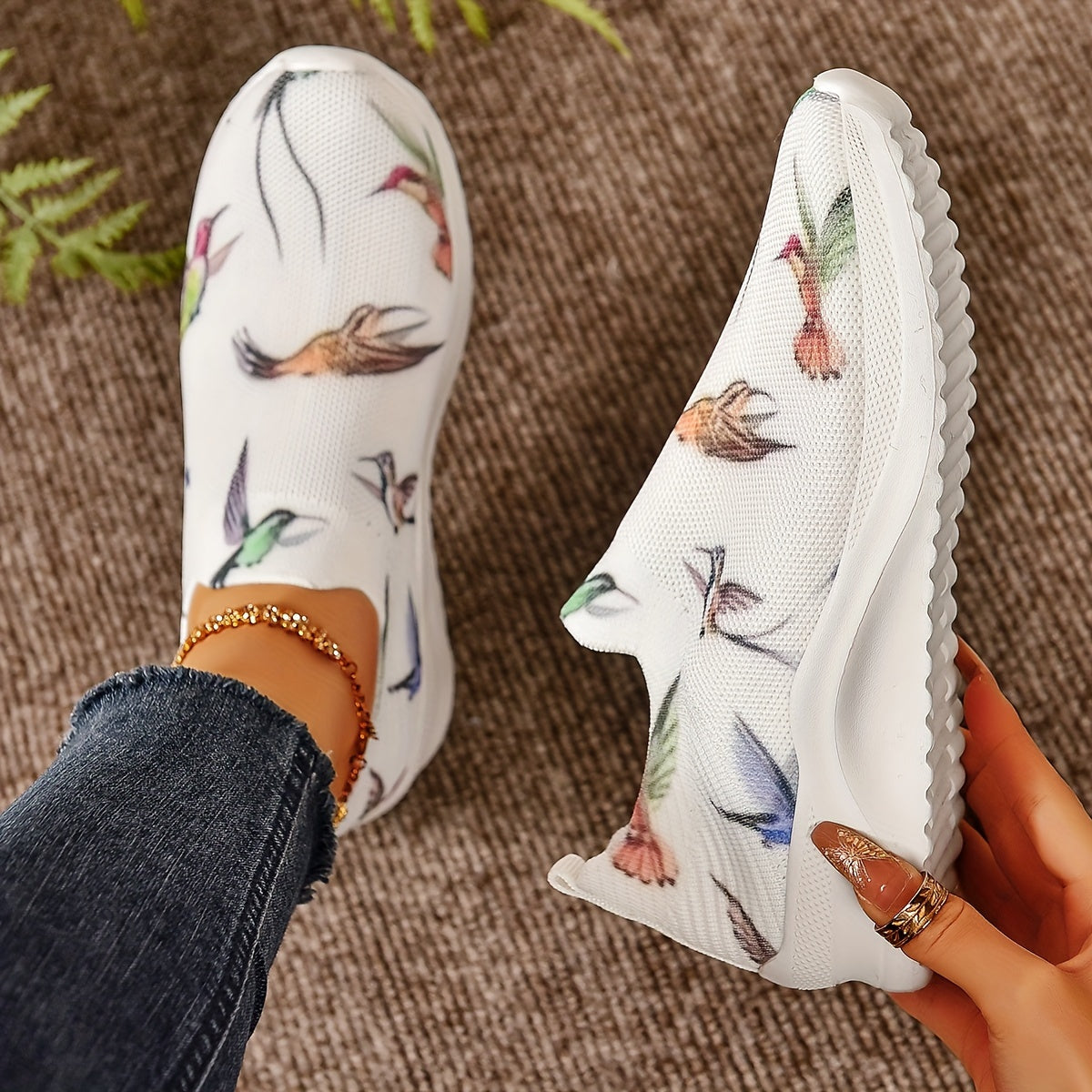Women's Bird Pattern Slip on Sneakers Mesh Knit Walking Shoes