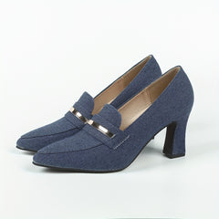 Women's Denim Loafers Pumps Pointed Toe Slip On Chunky Heels