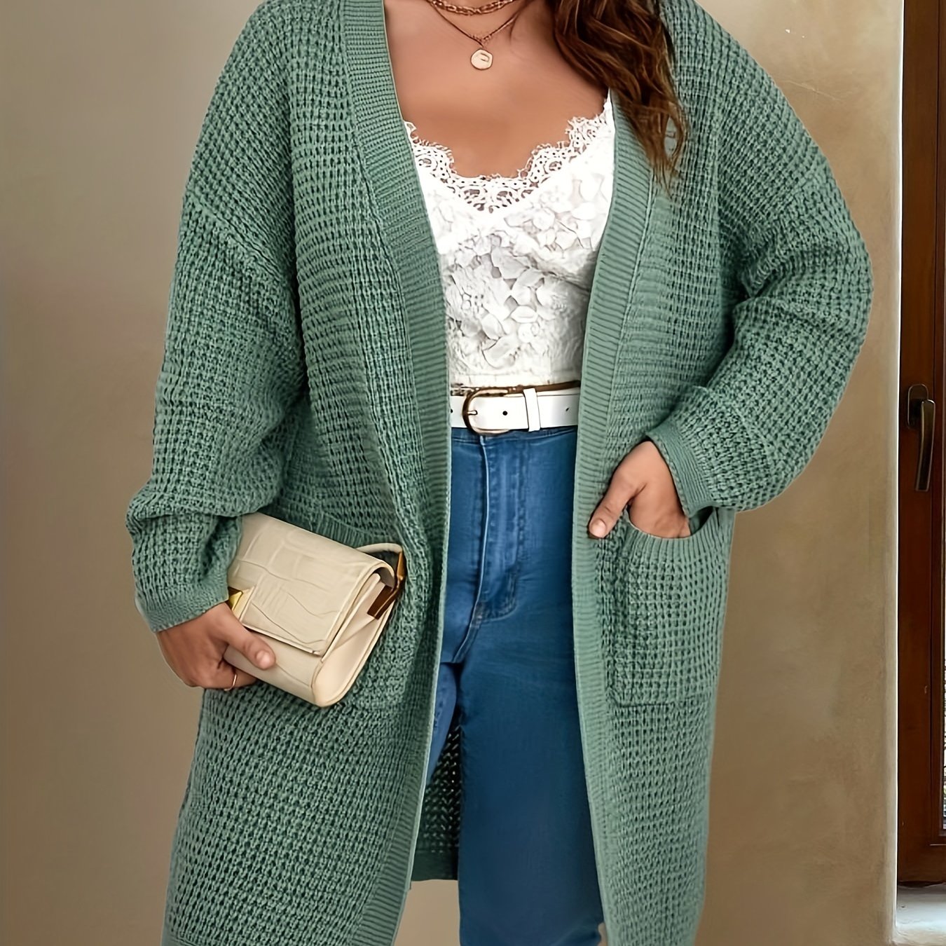 Waffle Pattern Longline Sweater Cardigan