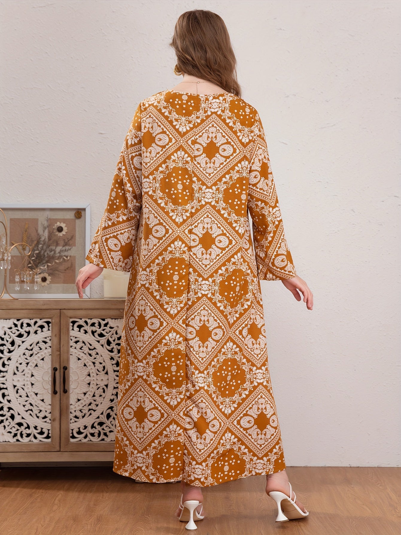 Plus Size Boho Abaya Dress Women's Plus Scarf Print Kaftan Dress