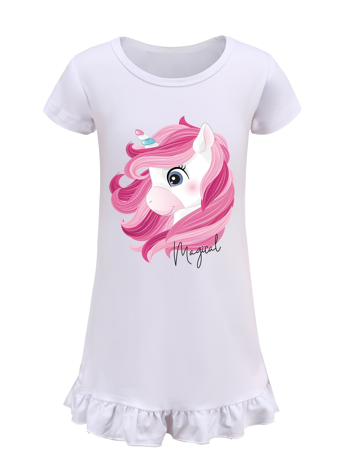 Toddler Girl's Unicorn Print Nightgown Ruffle Short Sleeve Nightdress