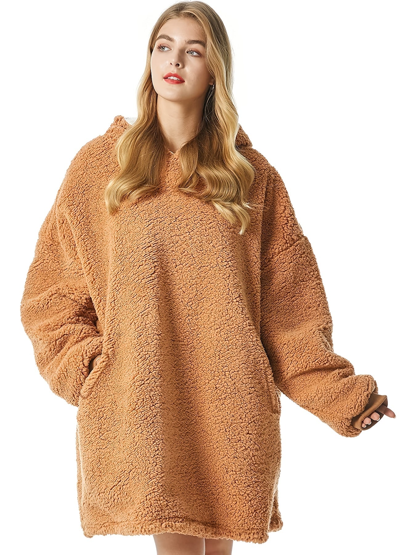 Solid Long Sleeve Hooded Robe Soft Teddy Fleece Blanket
