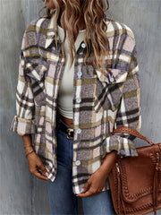 Button Plaid Drop Shoulder Jacket for Fall & Winter