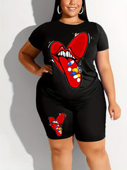 Women's Plus Cartoon Lips & Heart Print Tee & Shorts 2pcs Set