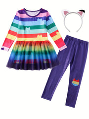 Rainbow Stripe Cat Mesh Top and Leggings Set for Girls