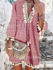 Boho Dress V Neck Tassels Casual Dress For Spring & Summer