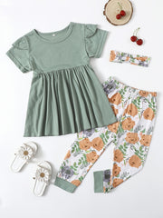Girls Peplum Top & Flower Pants Set with Headband