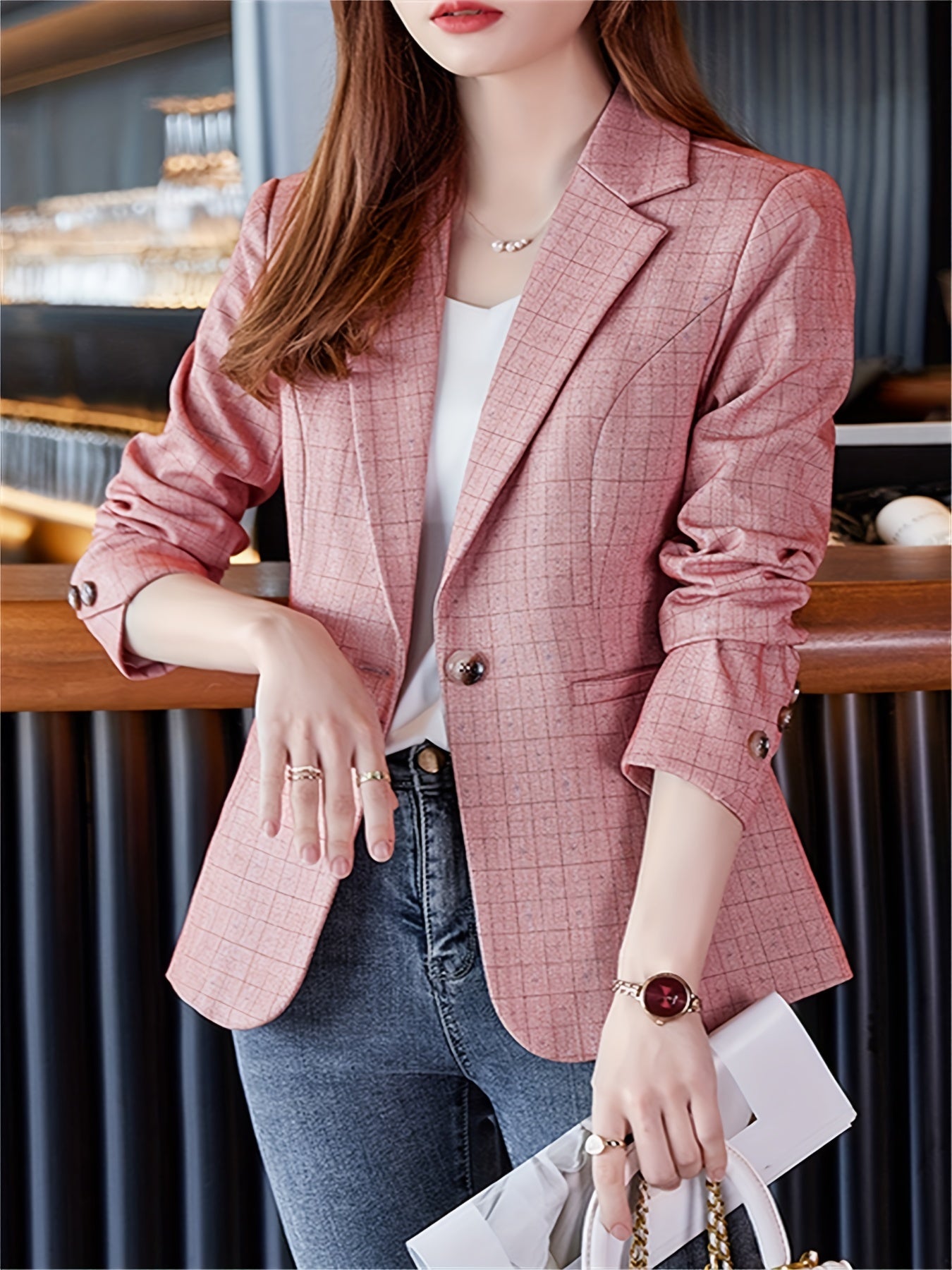Plaid Pattern Button Front Blazer Lapel Long Sleeve For Office & Work