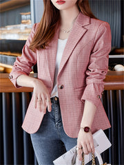 Plaid Pattern Button Front Blazer Lapel Long Sleeve For Office & Work