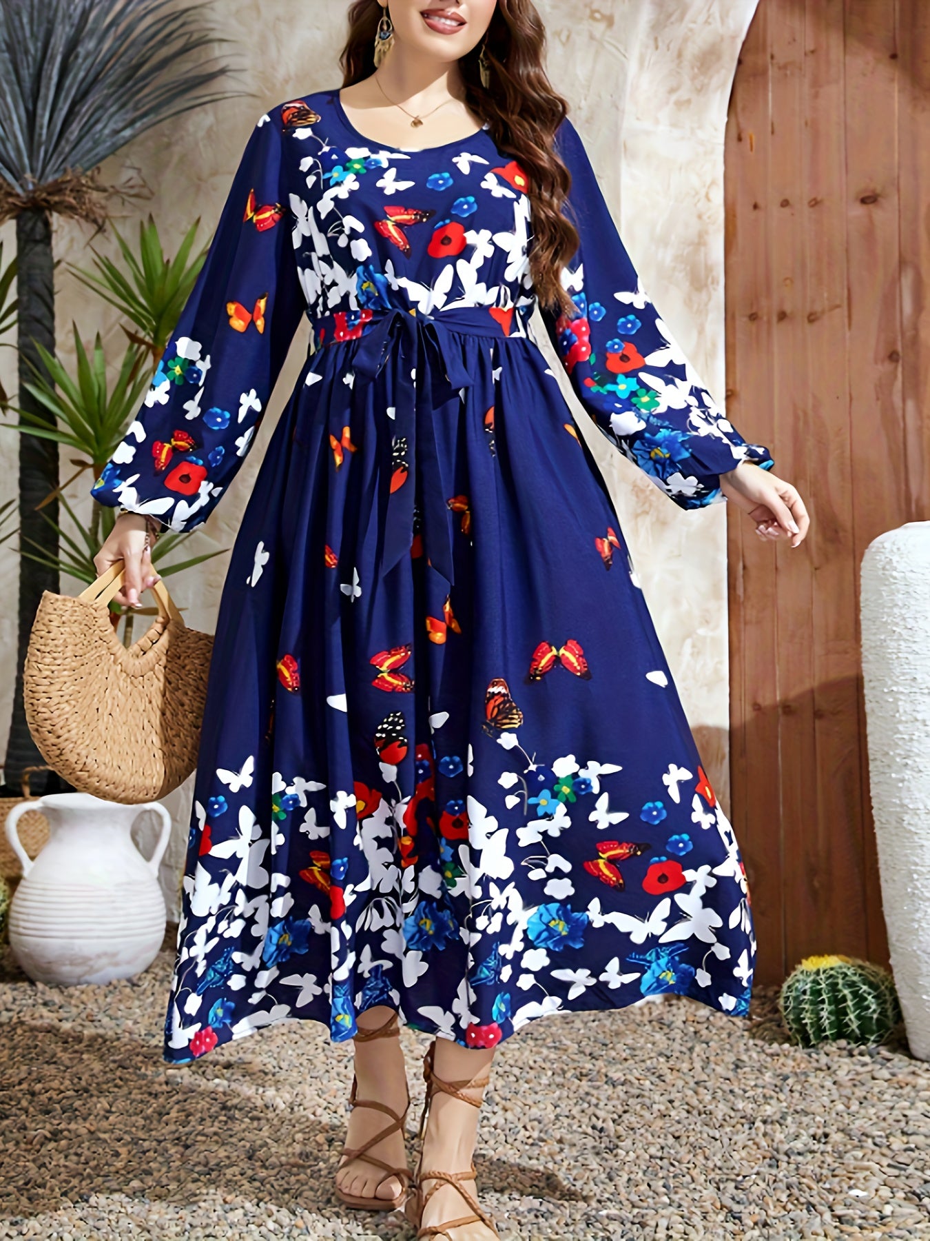 Women's Plus Butterfly & Floral Print Long Sleeve Round Neck Maxi Dress