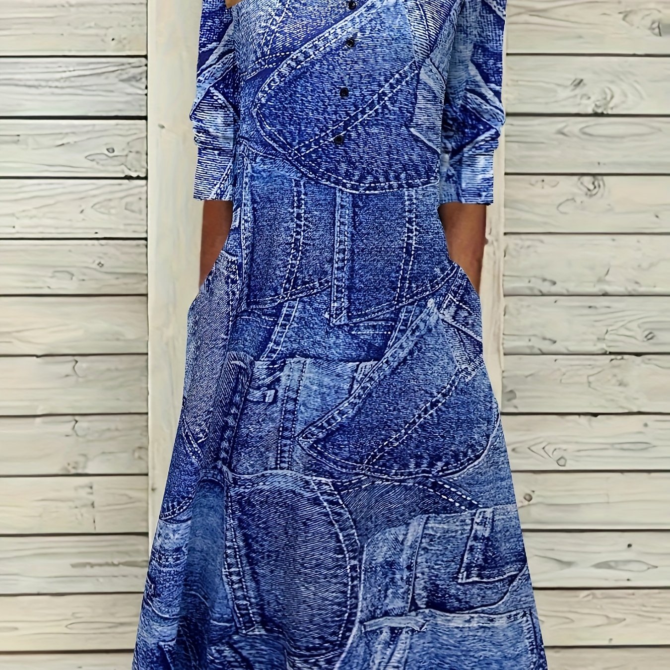 Denim Print Button Decor Long Sleeve Dress With Pockets