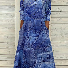 Denim Print Button Decor Long Sleeve Dress With Pockets
