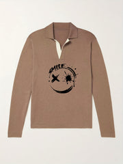 Smile Face Pattern Knit Polo Shirt Men's Casual Lapel Pullover Sweater