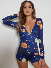 Halloween Pumpkin Print Pajama Romper V Neck Pajamas Women's Lingerie