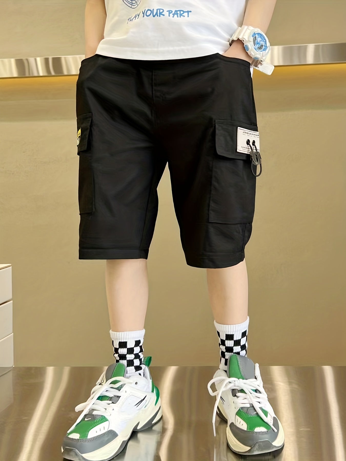 Boy's Cargo Shorts with Letter Patched, Street Style Casual Bottoms