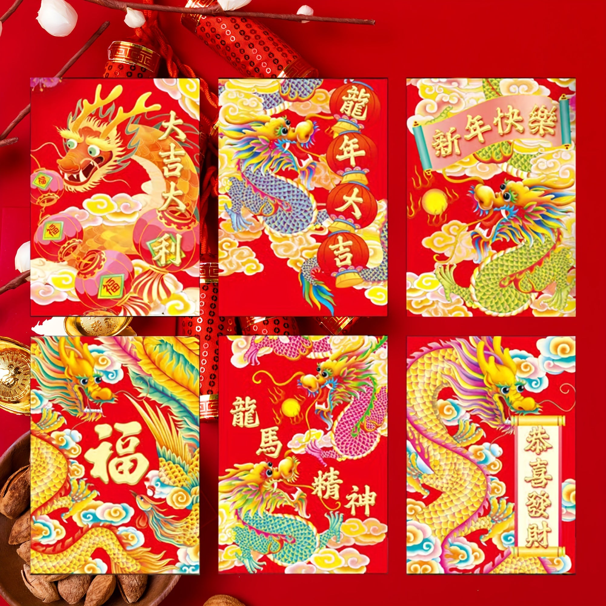 6pcs Chinese New Year Red Packets for Year Of The Dragon Celebrations