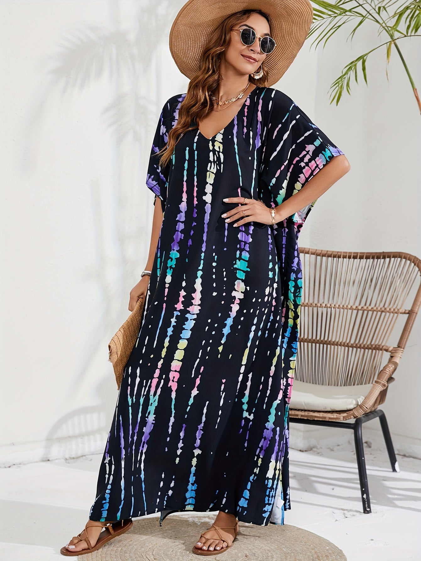 Boho Cover Up Tie Dye Striped Batwing Sleeve Maxi Split Dress