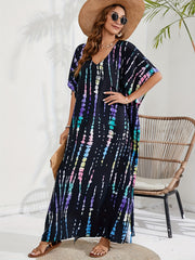 Boho Cover Up Tie Dye Striped Batwing Sleeve Maxi Split Dress