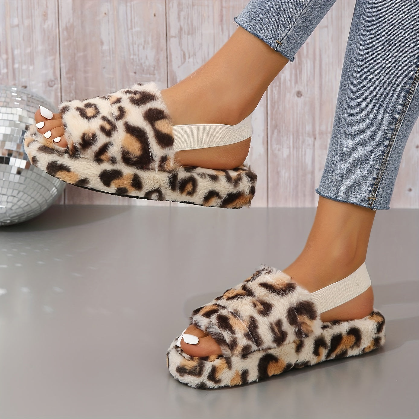 Leopard Print Ankle Strap Slippers Plush Lined Warm Home Shoes