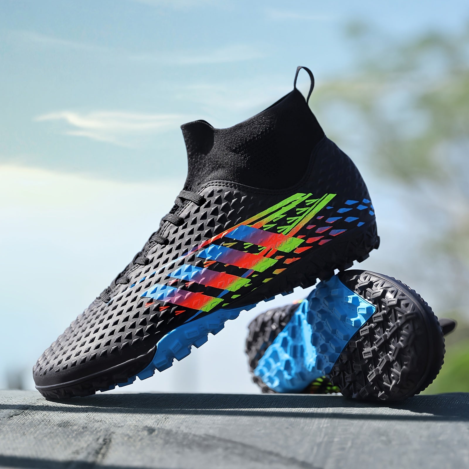 Boy's High Top Striped Football Boots Outdoor Anti skid Lace Up Soccer Cleats