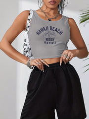 Letter Print Crop Tank Top Sleeveless Summer Casual Crew Neck Women's Top