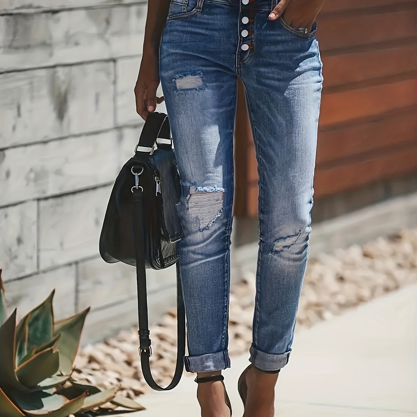 Slim Fit Ripped Denim Jeans Single Breasted High Stretch Casual Pants