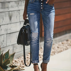 Slim Fit Ripped Denim Jeans Single Breasted High Stretch Casual Pants