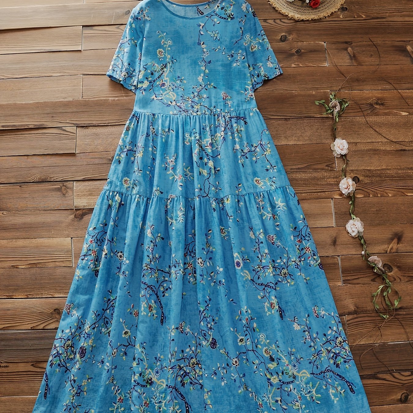 Floral Print Short Sleeve Round Neck Smock Dress