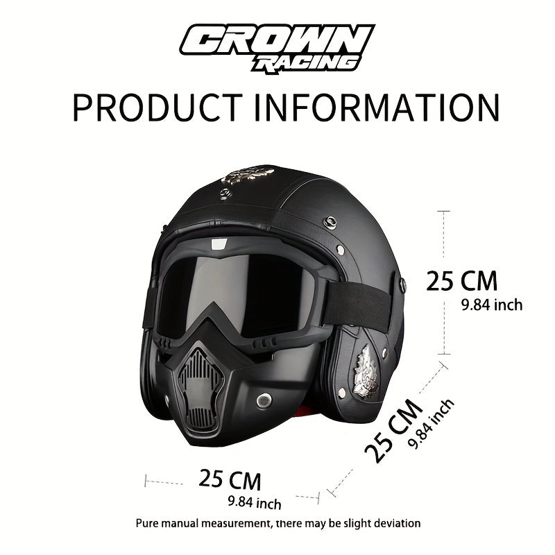 Crown Racing Retro Motorcycle Safety Men's Open Helmet with Mask