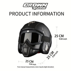 Crown Racing Retro Motorcycle Safety Men's Open Helmet with Mask