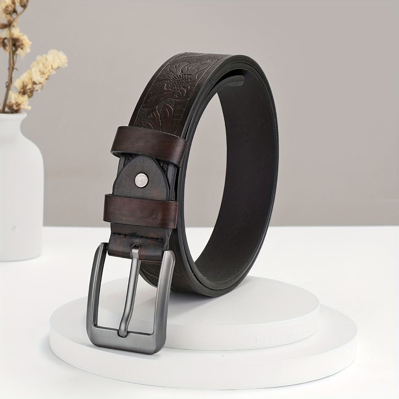 Embossed Leather Belt Waistband Retro Casual Belt For Men