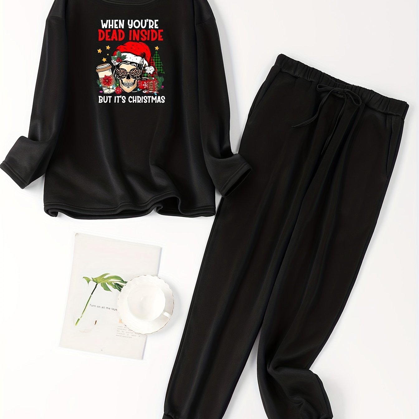 Plus Size Women's Christmas Lounge Set with Hat and Skull Print Fleece
