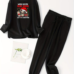 Plus Size Women's Christmas Lounge Set with Hat and Skull Print Fleece