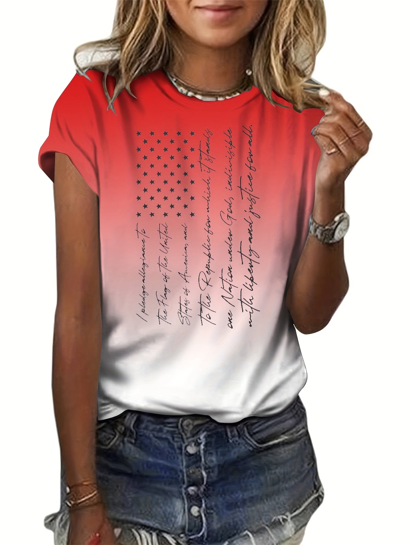 Flag & Letter Print T shirts Round Neck Short Sleeve Casual Top Women's Clothing