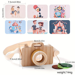 Wooden Cartoon Camera Toy for Kids with Strap and Cards