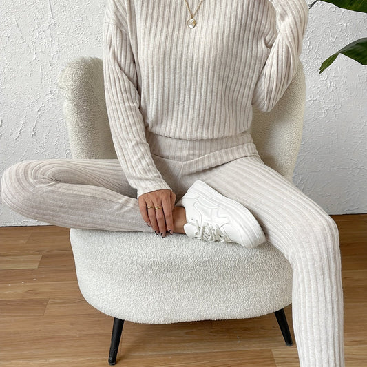 Ribbed Knit Two piece Set Long Sleeve Crew Neck Top & Slim Pants
